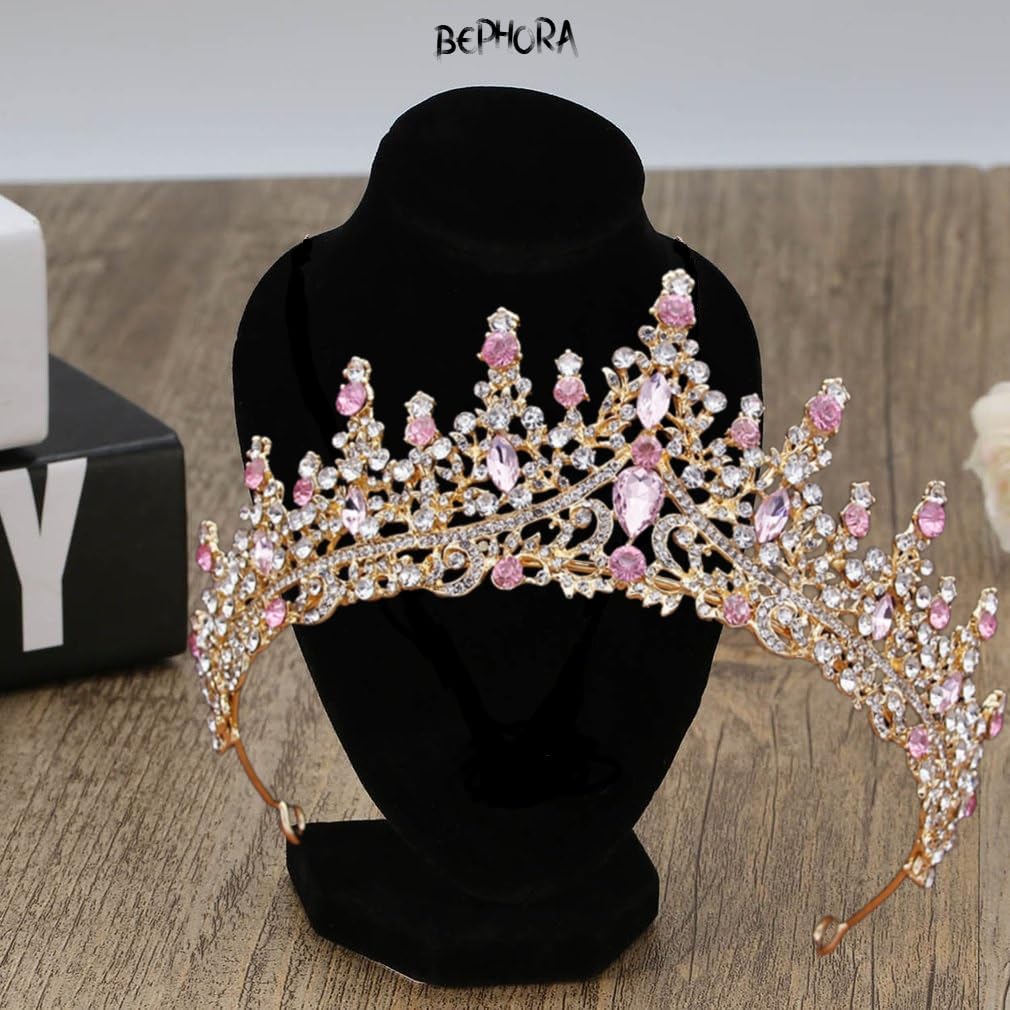 Gold Pink Crystal Bridal Tiara Set Wedding Crown, Necklace & Earrings Elegant Jewelry for Women & Brides Premium Gift Box Included