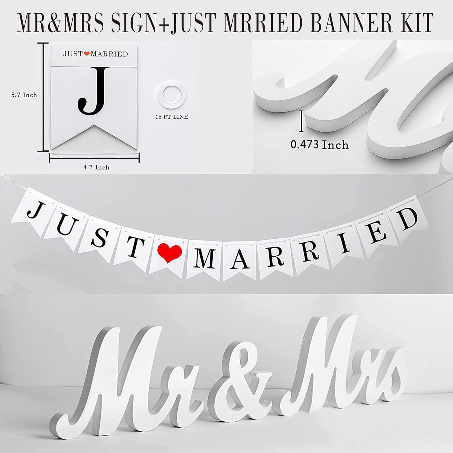 Engraved Mr and Mrs Champagne Flutes with Wooden Sign Set,Toasting Glasses for Bride and Groom,Wedding Cake Knife and Server Set with Just Married Banner for Reception and Ceremony
