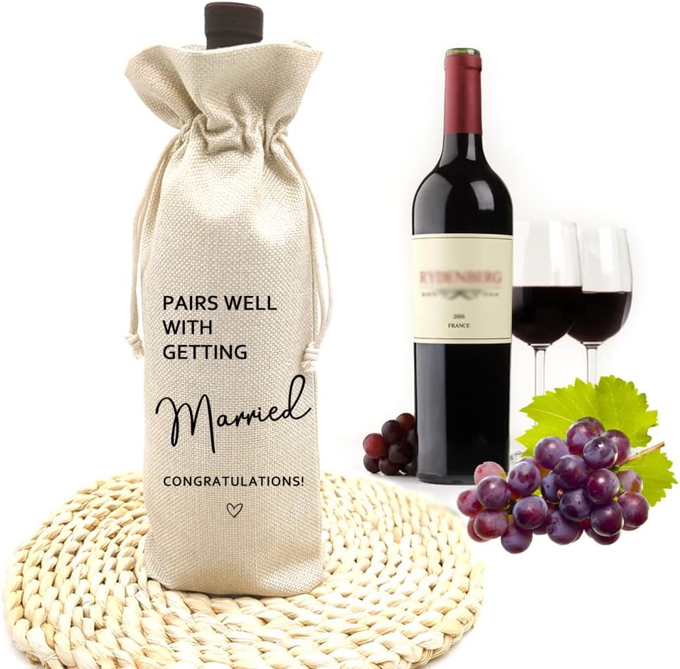 Socive Wedding Wine Bag, Linen Wine Gift Bag, Wedding Couples Gifts, Bride and Groom Gift, Pairs Well with Getting Married(5SW105)