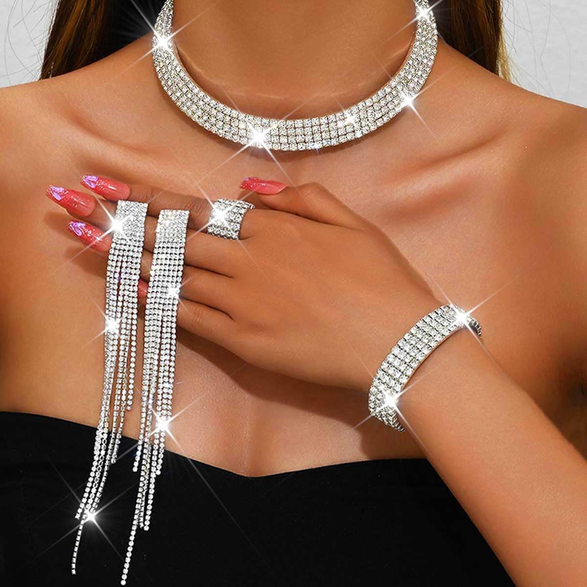 Unicra Rhinestone Bridal Wedding Jewelry Sets Silver Choker Necklace Earrings Bracelet Ring Set Prom Formal Costume Jewelry Set for Women and Brides