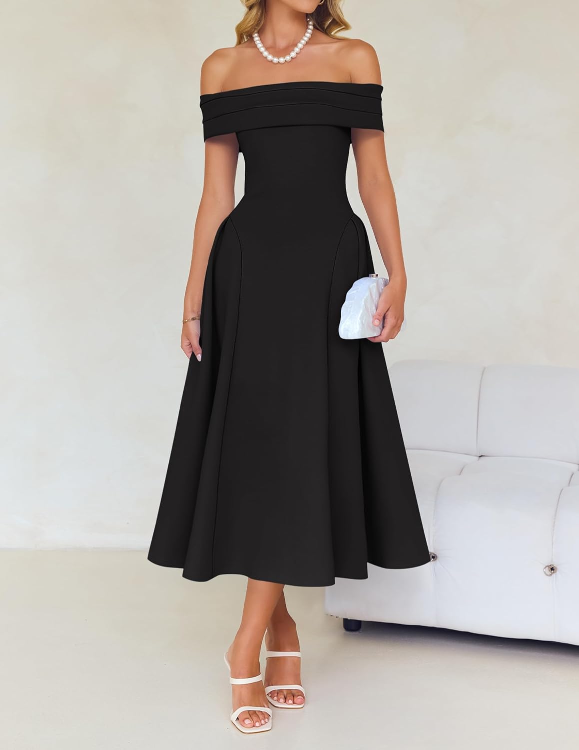 ZESICA Cocktail Dresses for Women’s Elegant Off Shoulder Short Sleeve Swing A Line Wedding Evening Party Midi Dress