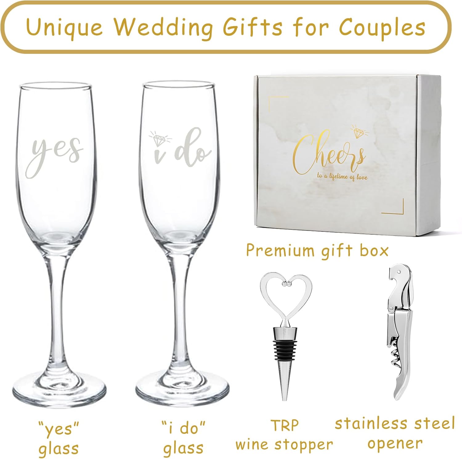 Engagement Gifts for Couples, Champagne Flutes Glass Set, Bridal Shower Wedding Gifts for Newlyweds, Wedding Registry Gift Ideas, Tall Wine Glasses with Wine Stopper and Opener, Yes I do