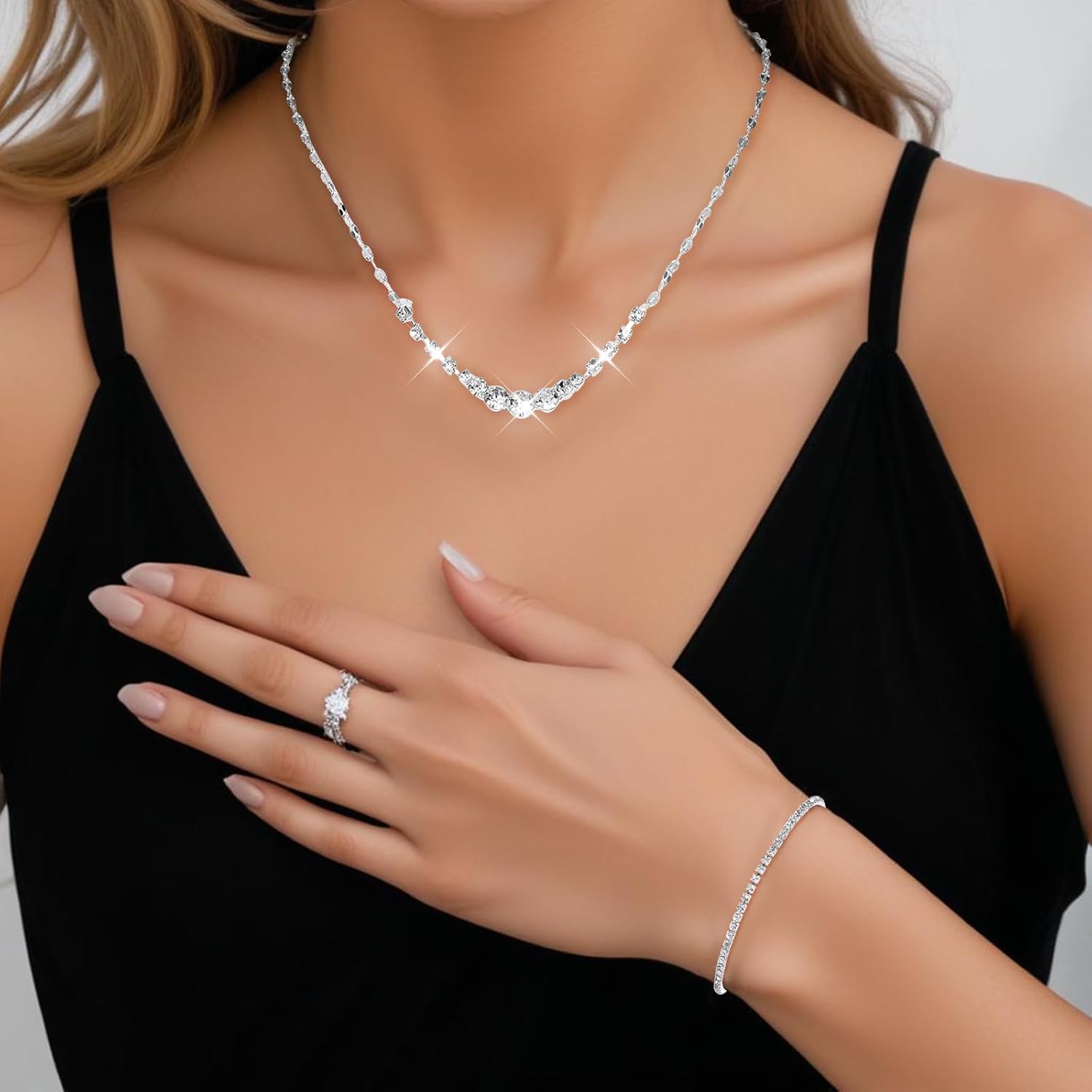 Silver Jewelry Set for Women, Rhinestone Necklace Bracelet Dangle Earrings Set, Crystal Bridal Wedding Party Jewelry Sets for Bride Bridesmaid Formal Costume Accessories