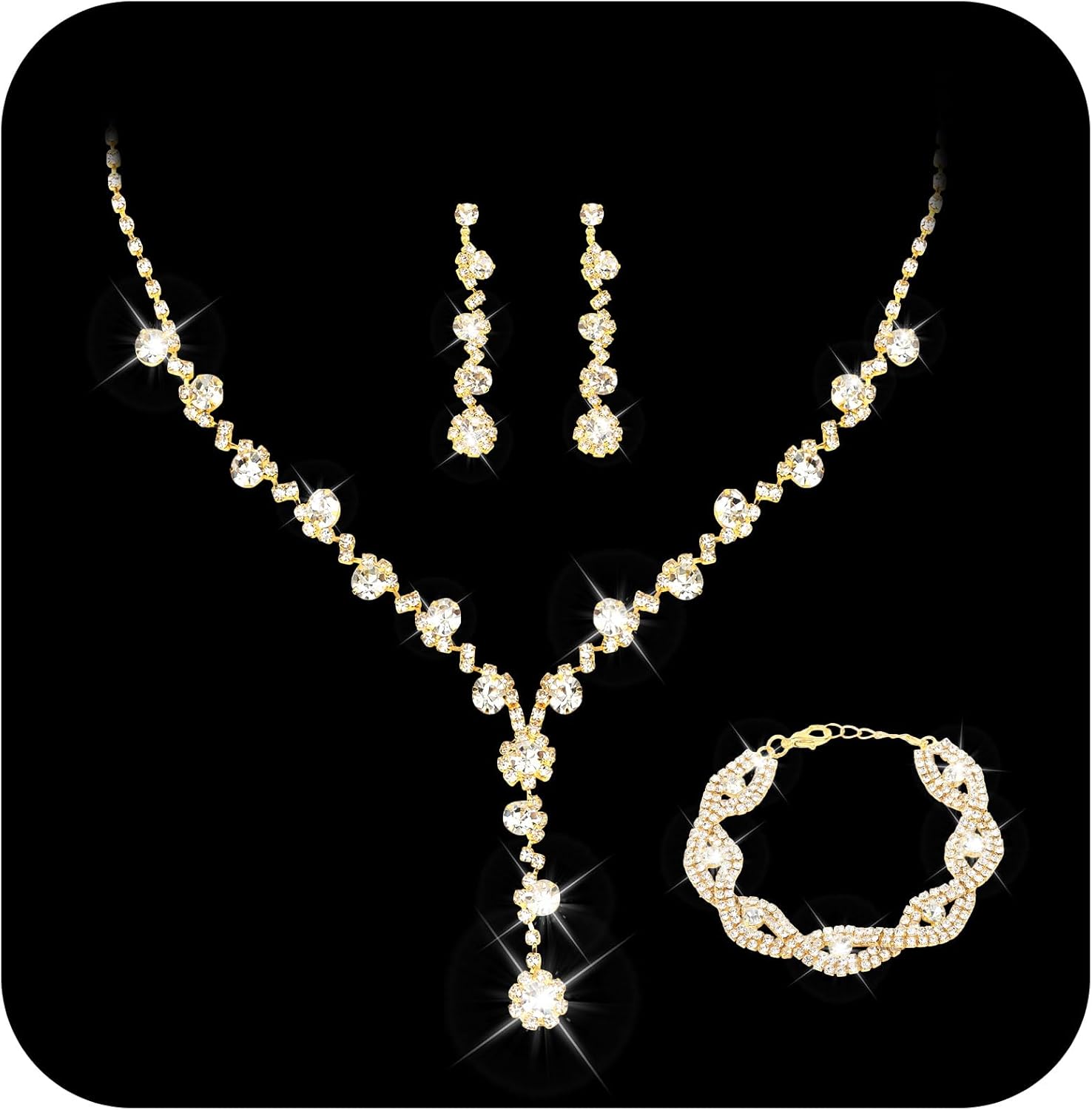Bridal Wedding Jewelry Set for Women Rhinestone Necklace Earrings Bracelet Sets Sparkly Crystal Wedding Jewelry for Bride Elegant Prom Costume Accessories