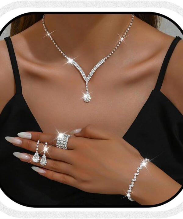 Unicra Bridal Wedding Jewelry Set Silver Rhinestone Necklace Earrings Sets Formal Costume Jewelry for Women and Brides