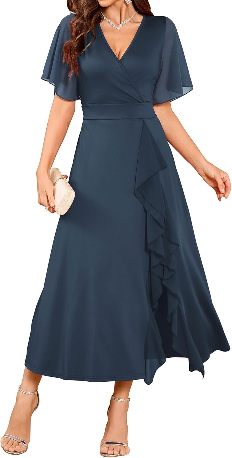 ZAFUL Womens Semi Formal Wedding Guest Dresses V Neck Flared Sleeve Evening Gowns Split Ruffle Party Modest Dress 2025