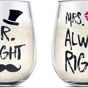 Mr and Mrs Wine Glasses Set, Couple Mug Wedding Gifts, Golden Engagement Anniversary Presents for Bride and Groom, Husband & Wife, Bridal Shower Newlywed, Boy And Girl Friend