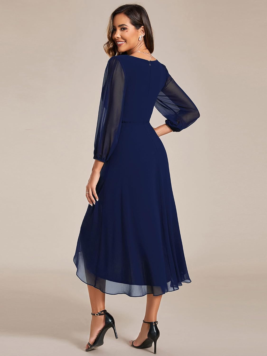 Ever-Pretty Women’s Chiffon V Neck Long Sleeves Pleated A-Line Midi Length Wedding Guest Dress 01926