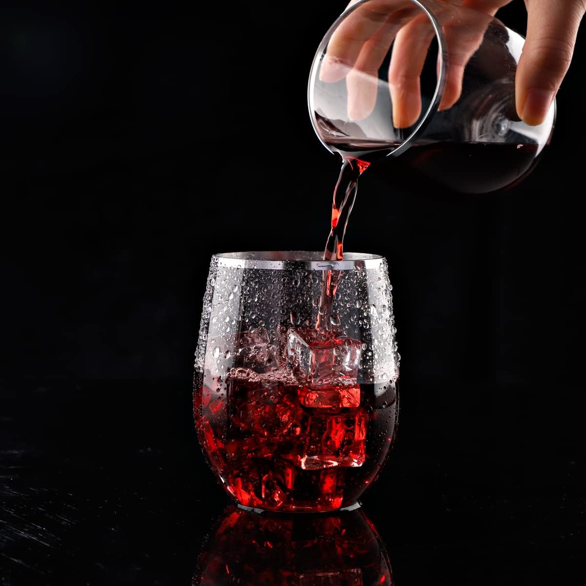 SUT 32 Pack 12oz Silver Rimmed Plastic Wine Glasses Stemless, Disposable Wine Cups with Premium Quality, Reusable, Unbreakable, Crystal, Shatterproof and BPA-Free, Perfect for Party, Wedding, Picnic