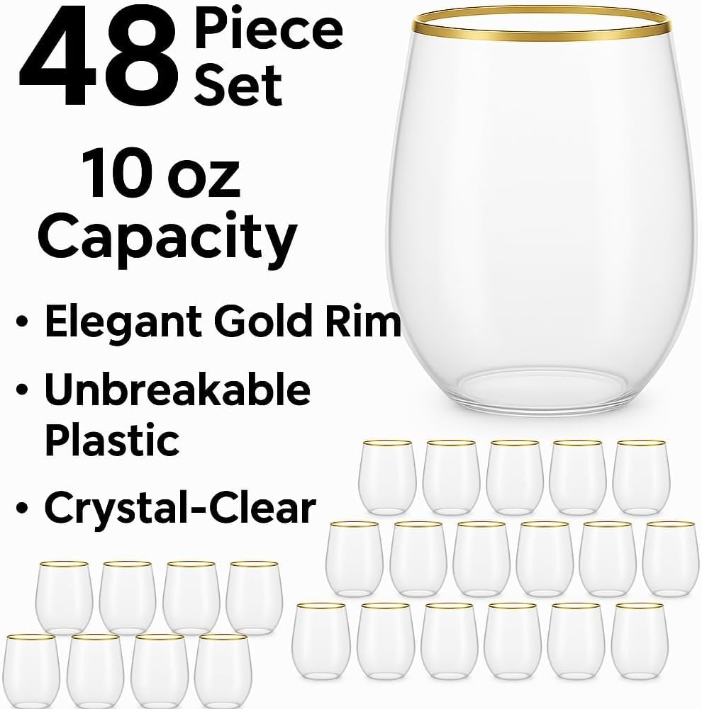 48 piece Stemless Unbreakable Crystal Clear Plastic Wine Glasses Set of 48 Small (10 Ounce – Gold Rim)