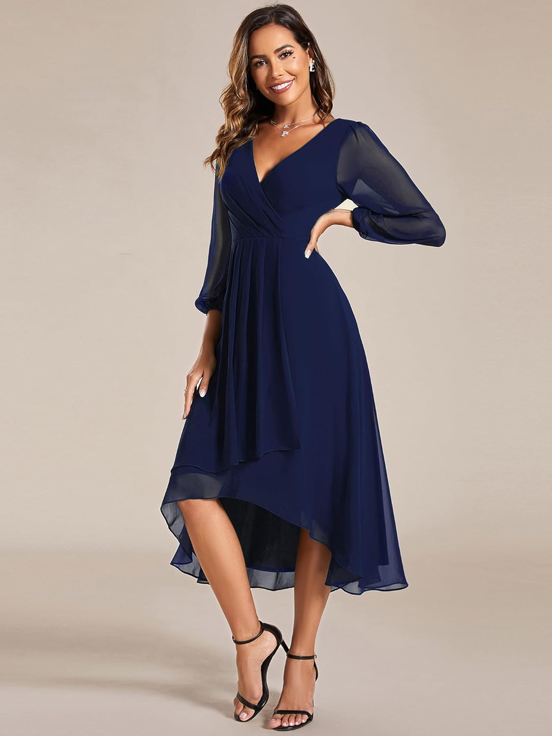 Ever-Pretty Women’s Chiffon V Neck Long Sleeves Pleated A-Line Midi Length Wedding Guest Dress 01926