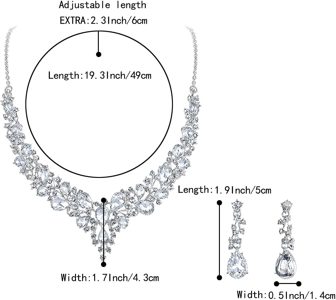 BriLove Women’s Wedding Bridal Austrian Crystal Teardrop Cluster Statement Necklace Dangle Earrings Jewelry Set