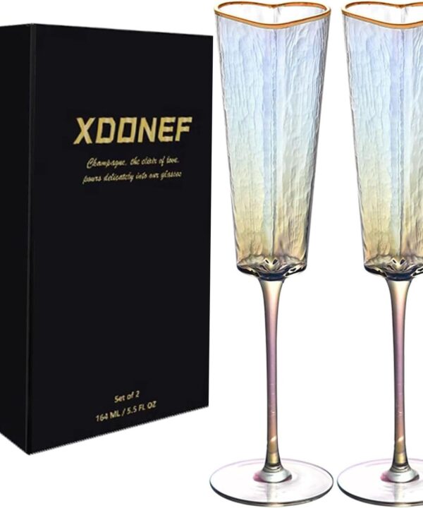 Heart Shaped Champagne Flutes Set of 2 Unique Wedding Toasting Glasses for Bride and Groom Golden Rimmed Crystal Champagne Glass Gift for Birthday Christmas Couples Anniversary Colorful, Small