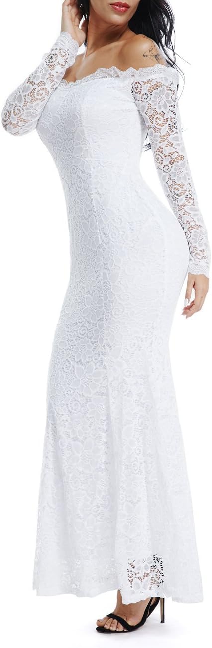 LALAGEN Women’s Floral Lace Long Sleeve Off Shoulder Wedding Mermaid Dress