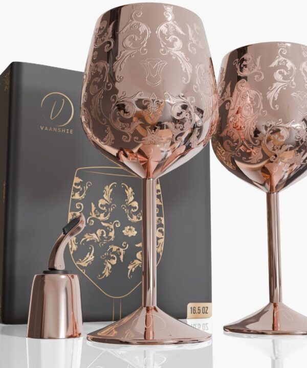 17oz Stainless Steel Wine Glasses | Gift for Mother's Day [Set of 2]Rose Gold Royal Goblets with Intricate Baroque Engravings, Unbreakable and Shatterproof Wine Cups with Bottle Stopper