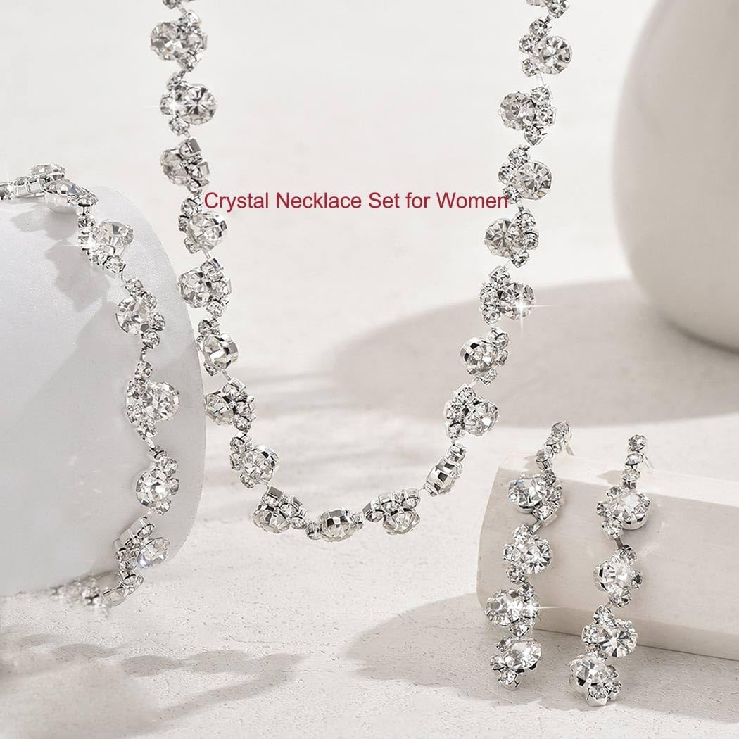 Aukmla Bridal Wedding Jewelry Set Silver Rhinestones Choker Necklaces Earrings Bracelet Sets Prom Jewelry for Women and Brides