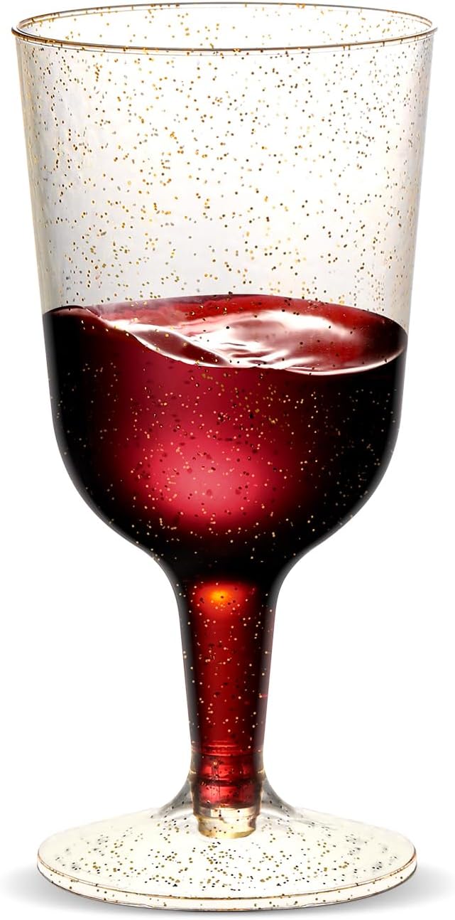 30 Pack 6oz Plastic Wine Glasses Disposable Gold Glitter Mini Stemware with Removable Base for Weddings, Parties, Champagne, Toasting