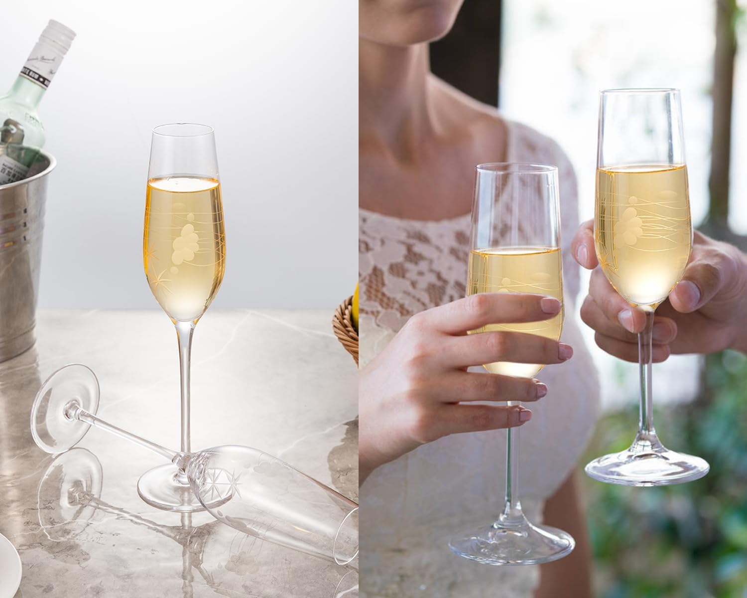 Champagne Flutes, Wedding Champagne Glasses for Bride and Groom Toasting Set of 2 with Engraved Romantic Clouds and Stars Design, Bridal Shower Anniversary Decorations