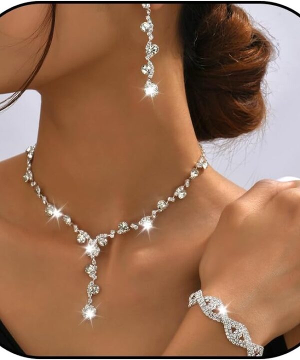 Roe Dolph Silver Jewelry Set Prom Necklace Bracelet Earrings Rhinestone Costume Jewelry for Women Bridal Jewelry Set for Wedding Prom Dresses 2025