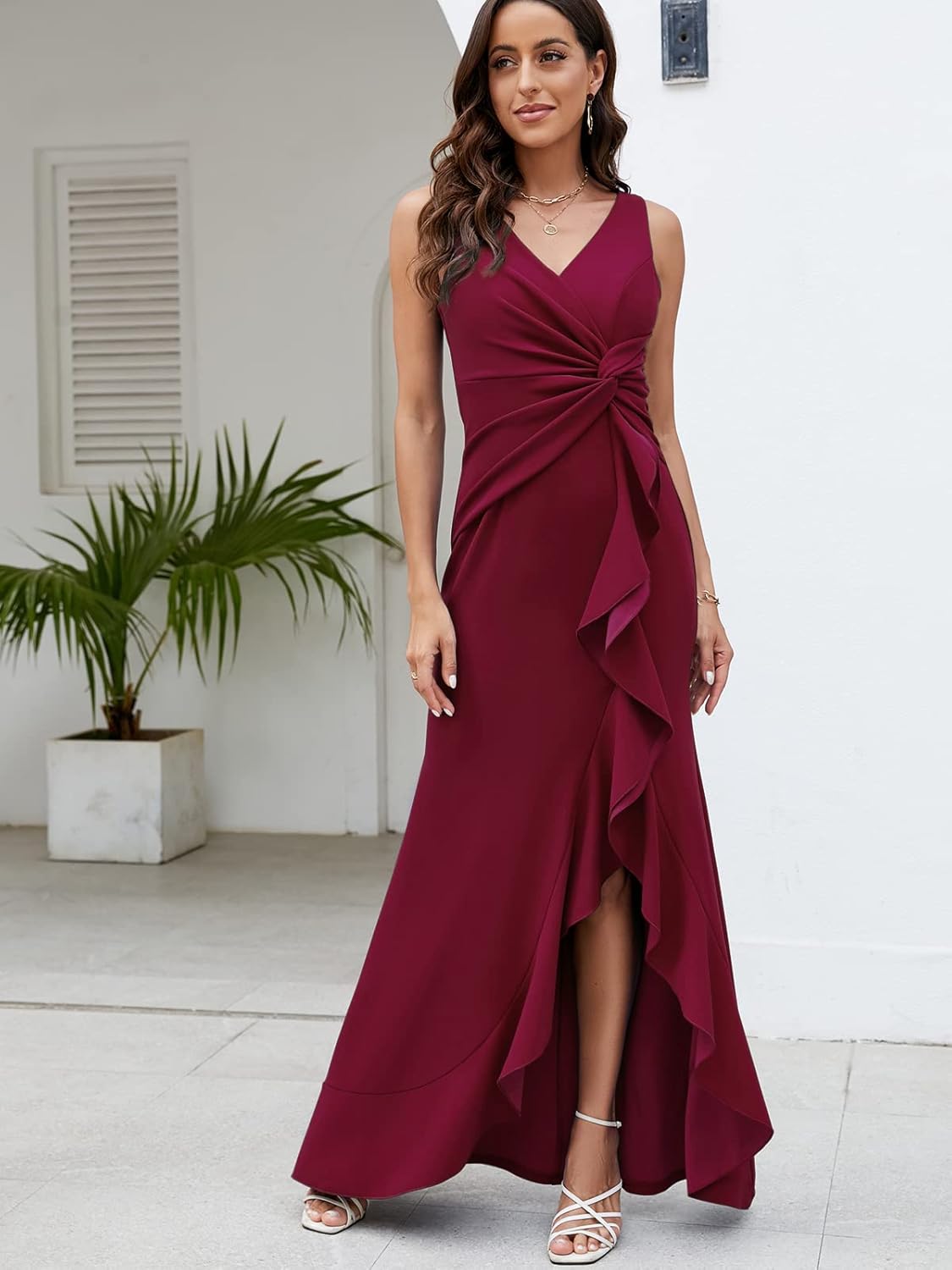 FQA Formal Evening Dresses for Women Elegant Evening Party Prom Dress Long Sexy V Neck Sleeveless Split Wrap