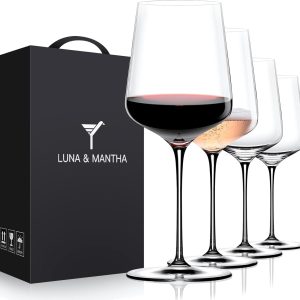 LUNA & MANTHA Wine Glasses Set of 4, 15 oz Hand Blown Crystal Red White Wine Glasses with Stem, Ideal Gift for Set, Toasting at Weddings or Birthdays