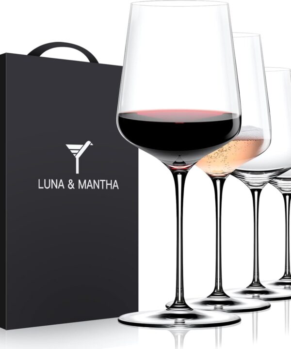 LUNA & MANTHA Wine Glasses Set of 4, 15 oz Hand Blown Crystal Red White Wine Glasses with Stem, Ideal Gift for Set, Toasting at Weddings or Birthdays