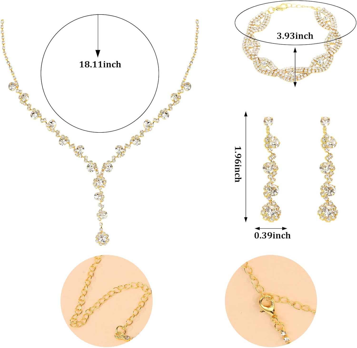 Bridal Wedding Jewelry Set for Women Rhinestone Necklace Earrings Bracelet Sets Sparkly Crystal Wedding Jewelry for Bride Elegant Prom Costume Accessories