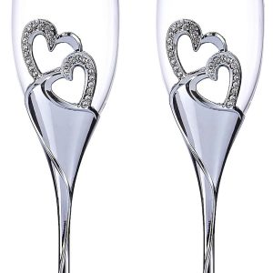 LANLONG Wedding Champagne Goblets Toasting Flute Glasses for Bride and Groom Creative Deluxe Glass Cups with Rhinestone Rimmed Heart Decoration Gift Set