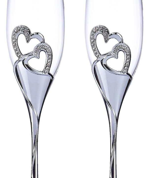 LANLONG Wedding Champagne Goblets Toasting Flute Glasses for Bride and Groom Creative Deluxe Glass Cups with Rhinestone Rimmed Heart Decoration Gift Set