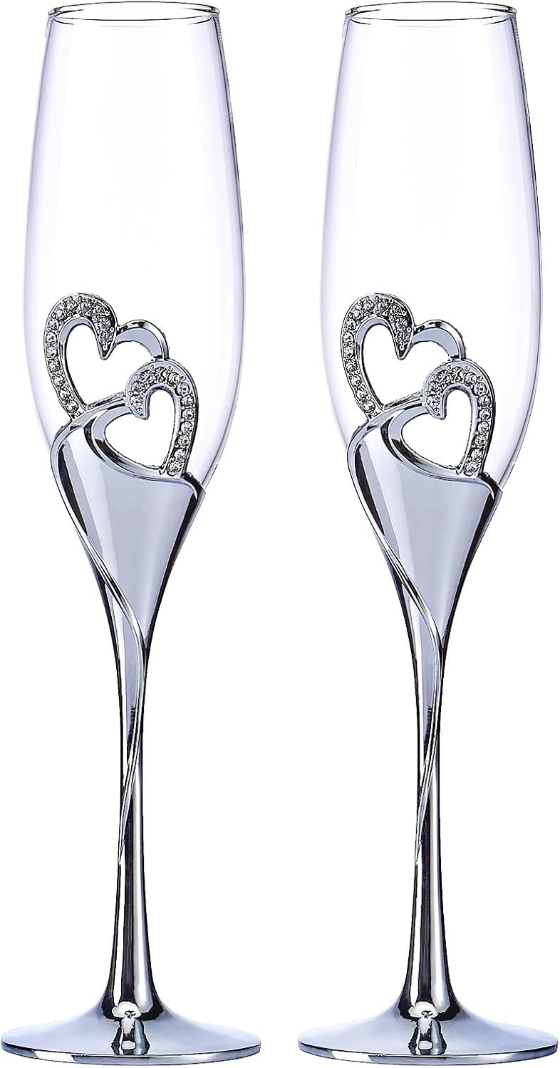 LANLONG Wedding Champagne Goblets Toasting Flute Glasses for Bride and Groom Creative Deluxe Glass Cups with Rhinestone Rimmed Heart Decoration Gift Set