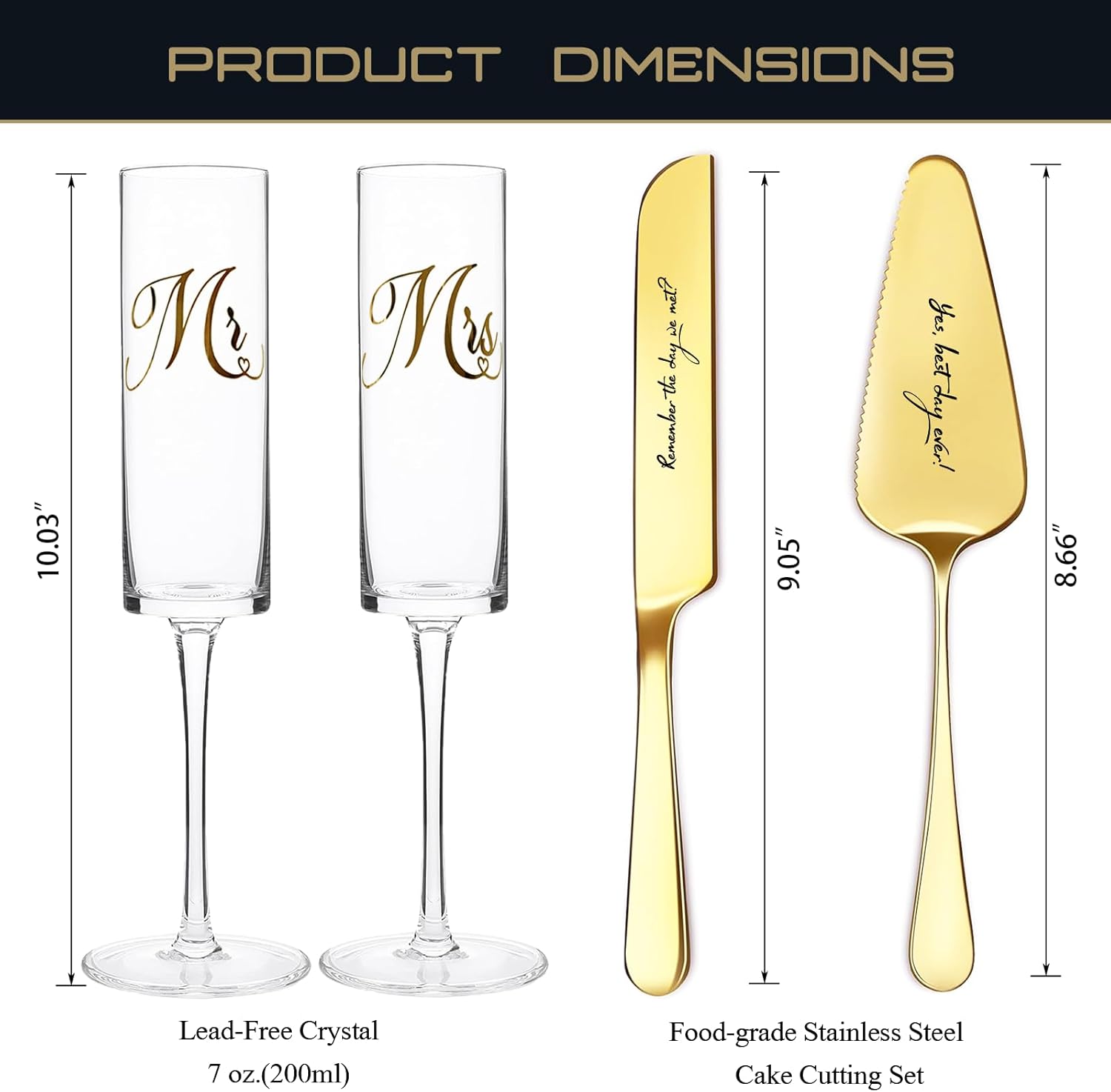 Mr and Mrs Champagne Flutes, Bride and Groom Champagne Glasses, Wedding Glasses with Cake Cutting Set, Bridal Shower Gifts, Unique Wedding Gift Engagement Gifts for Couples