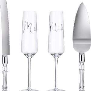 Boao 4 Pieces Wedding Toasting Flutes and Cake Server Set Wedding Reception Supplies Champagne Glasses Cake Knife Pie Server (Clear,Classic)