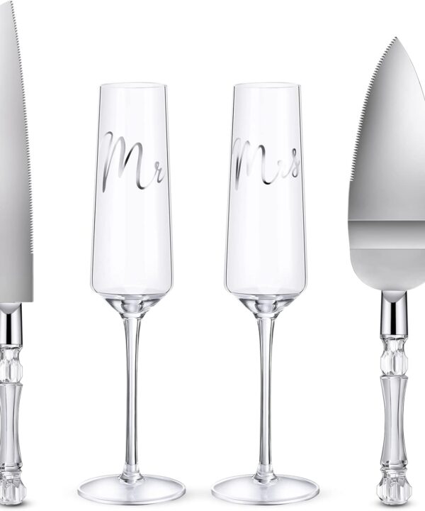 Boao 4 Pieces Wedding Toasting Flutes and Cake Server Set Wedding Reception Supplies Champagne Glasses Cake Knife Pie Server (Clear,Classic)