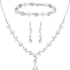 SWEETV Jewelry Set for Bride Women, Cubic Zirconia Pearl Bridal Earrings Necklace Bracelet Set, Bridal Jewelry Set for Wedding Prom