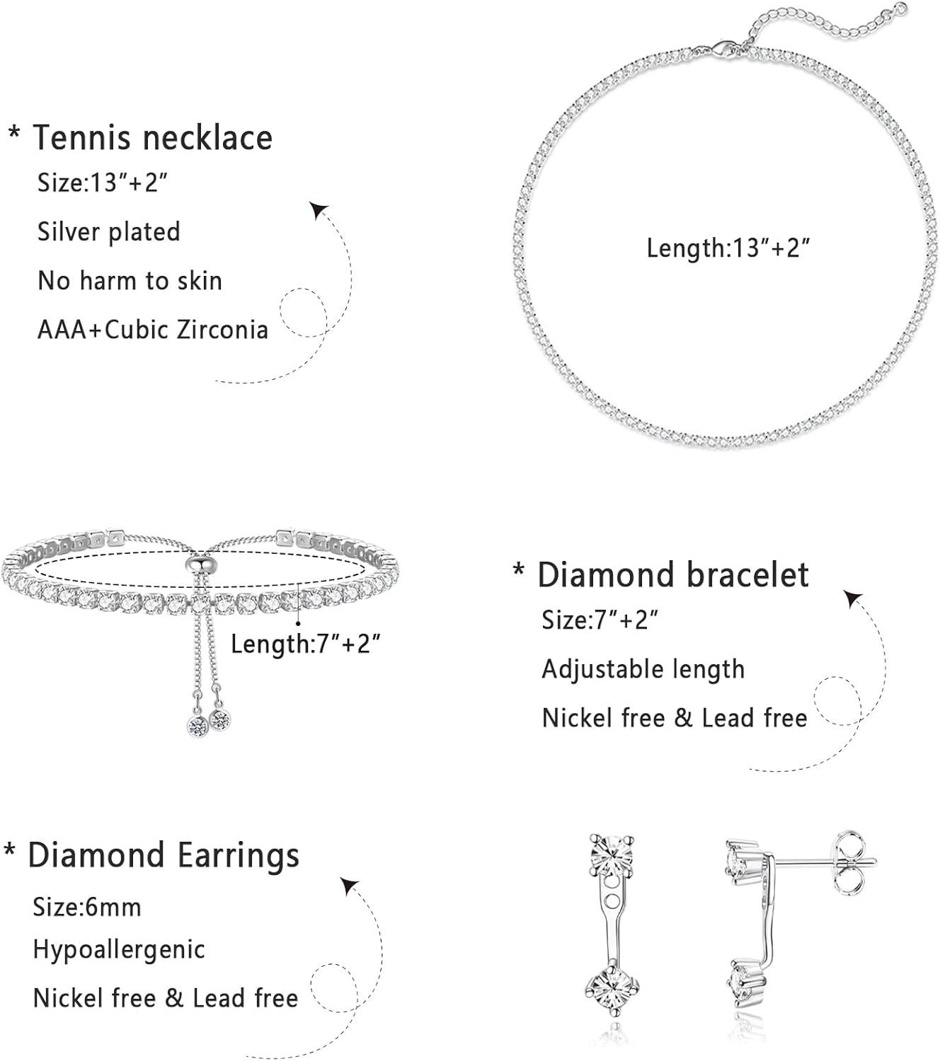 Luxval Tennis Necklace Set for Women Tennis Bracelets Diamond Earrings Sterling Silver Necklace Wedding Jewelry for Bride Silver Jewelry Sets for Women Gift