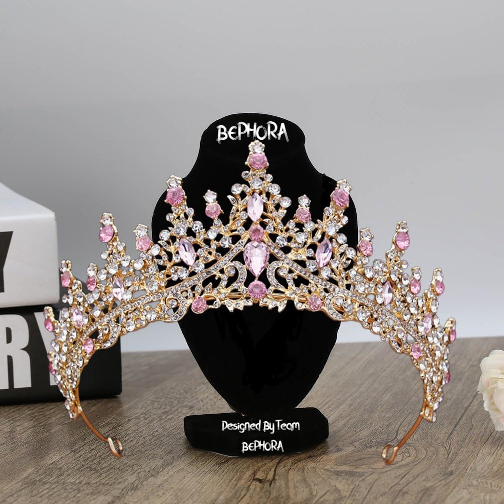 Gold Pink Crystal Bridal Tiara Set Wedding Crown, Necklace & Earrings Elegant Jewelry for Women & Brides Premium Gift Box Included