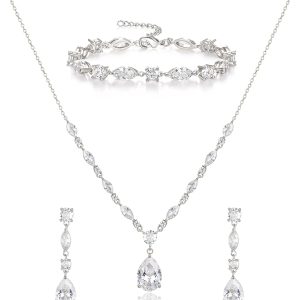 EVER FAITH Teardrop Cubic Zirconia Bridal Jewelry Sets for Bride, Sparkly CZ Elegant Pendant Necklace Dangle Earrings Bracelet Set for Women
