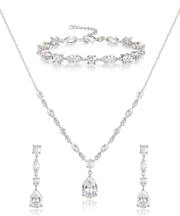 EVER FAITH Teardrop Cubic Zirconia Bridal Jewelry Sets for Bride, Sparkly CZ Elegant Pendant Necklace Dangle Earrings Bracelet Set for Women