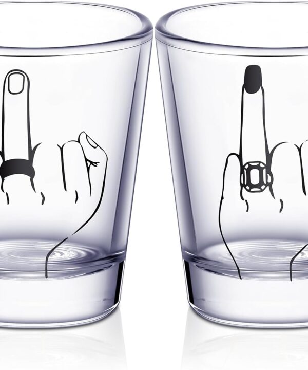 Mimorou Bride and Groom Glasses 2 Pieces Ring Finger Wedding Funny Bride Wine Glass 2 oz Mr and Mrs Engagement Gifts Stemless for Newlyweds Couples(Cool,1.93 Inch)