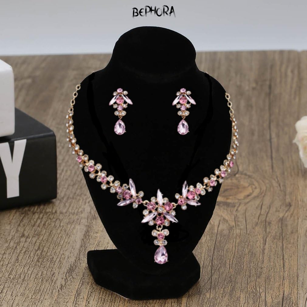 Gold Pink Crystal Bridal Tiara Set Wedding Crown, Necklace & Earrings Elegant Jewelry for Women & Brides Premium Gift Box Included