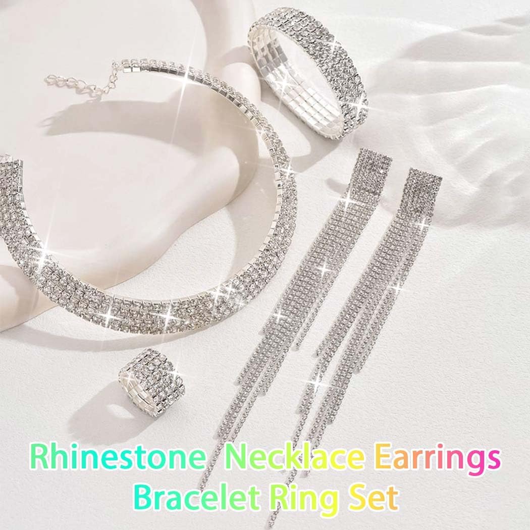 Unicra Rhinestone Bridal Wedding Jewelry Sets Silver Choker Necklace Earrings Bracelet Ring Set Prom Formal Costume Jewelry Set for Women and Brides