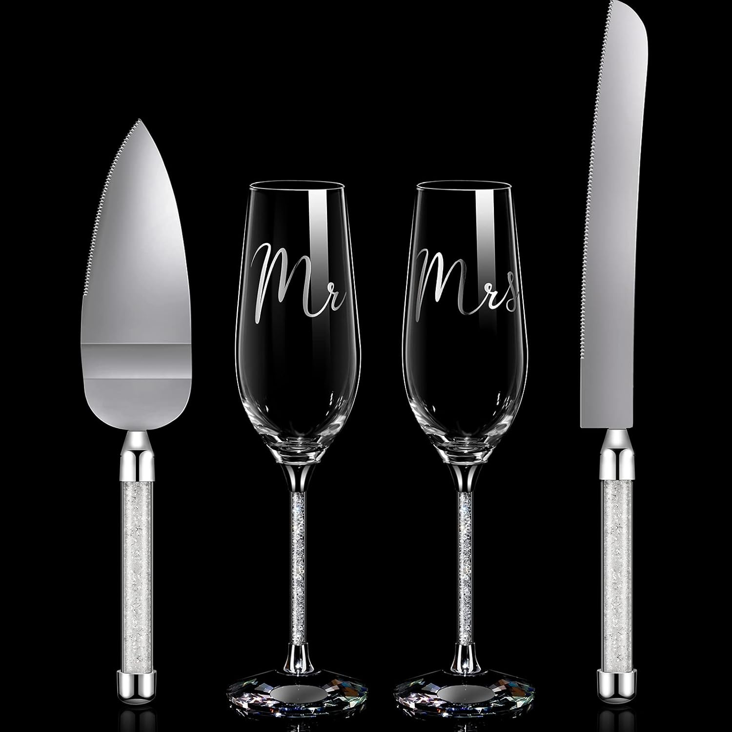 4 Piece Wedding Cake Knife and Champagne Flutes Server Set Mr and Mrs Toasting Flutes Crystal Rhinestone Cake Cutting Set for Bride and Groom Wedding Engagement Bridal Shower Gifts(Silver)
