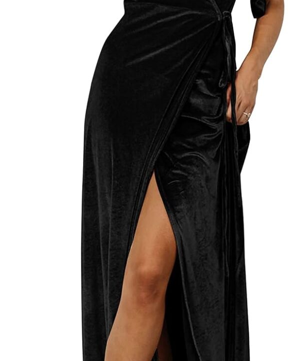 MEROKEETY Women's V Neck Wrap Velvet Maxi Wedding Guest Dress Bell Sleeve Split Bridesmaid Cocktail Party Formal Dresses