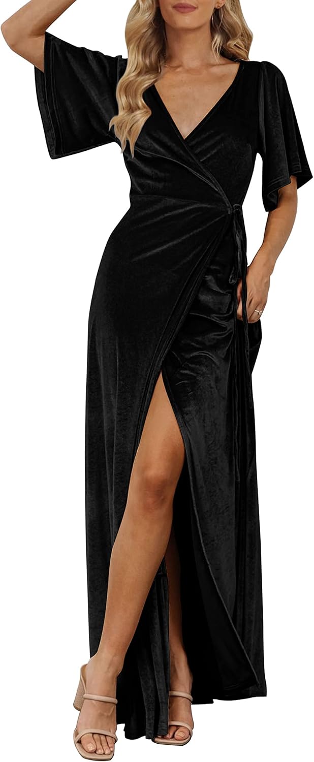 MEROKEETY Women's V Neck Wrap Velvet Maxi Wedding Guest Dress Bell Sleeve Split Bridesmaid Cocktail Party Formal Dresses