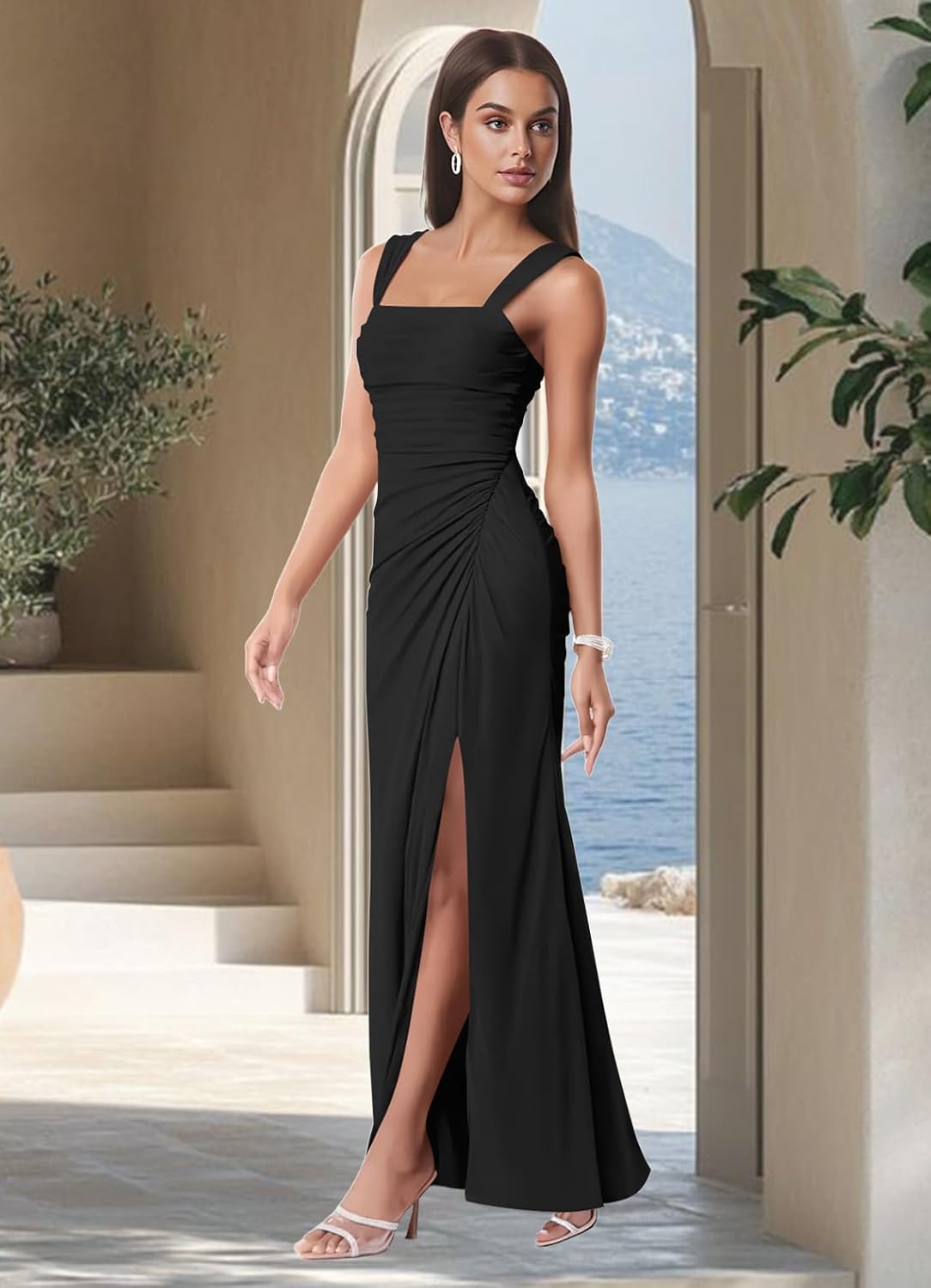 Women Sexy Mesh Tie Low Back Sleeveless Split Ruched Maxi Dress Party Cocktail Long Dress Wedding Guest Dresses
