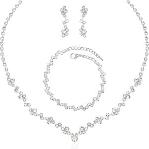 Elegant Necklace Earrings Bracelet Crystal Bridal Wedding Jewelry Sets for Brides Bridesmaid Prom Formal Costume Accessories for Women