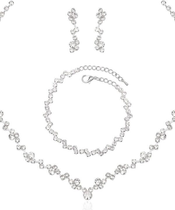 Elegant Necklace Earrings Bracelet Crystal Bridal Wedding Jewelry Sets for Brides Bridesmaid Prom Formal Costume Accessories for Women