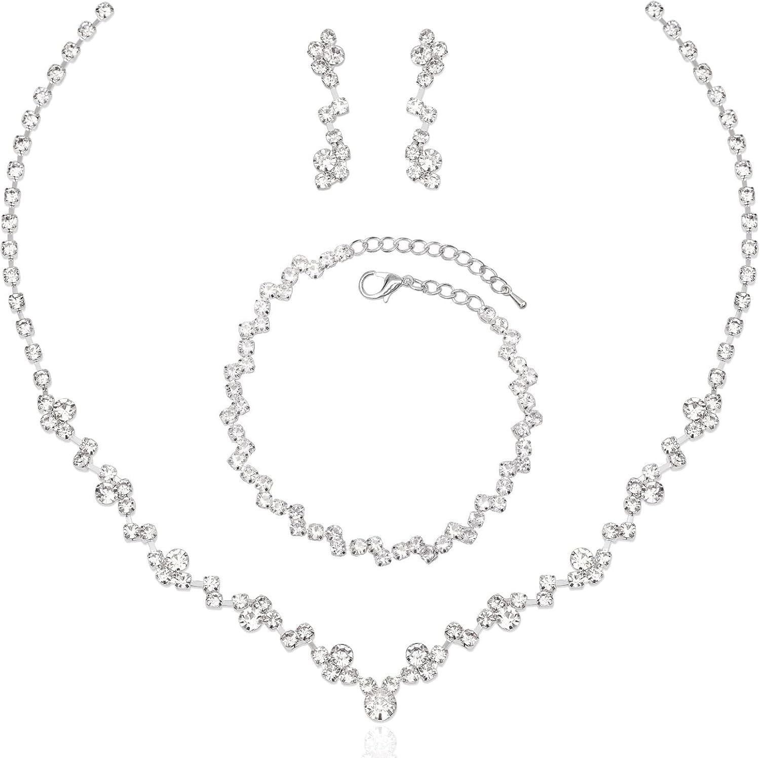 Elegant Necklace Earrings Bracelet Crystal Bridal Wedding Jewelry Sets for Brides Bridesmaid Prom Formal Costume Accessories for Women