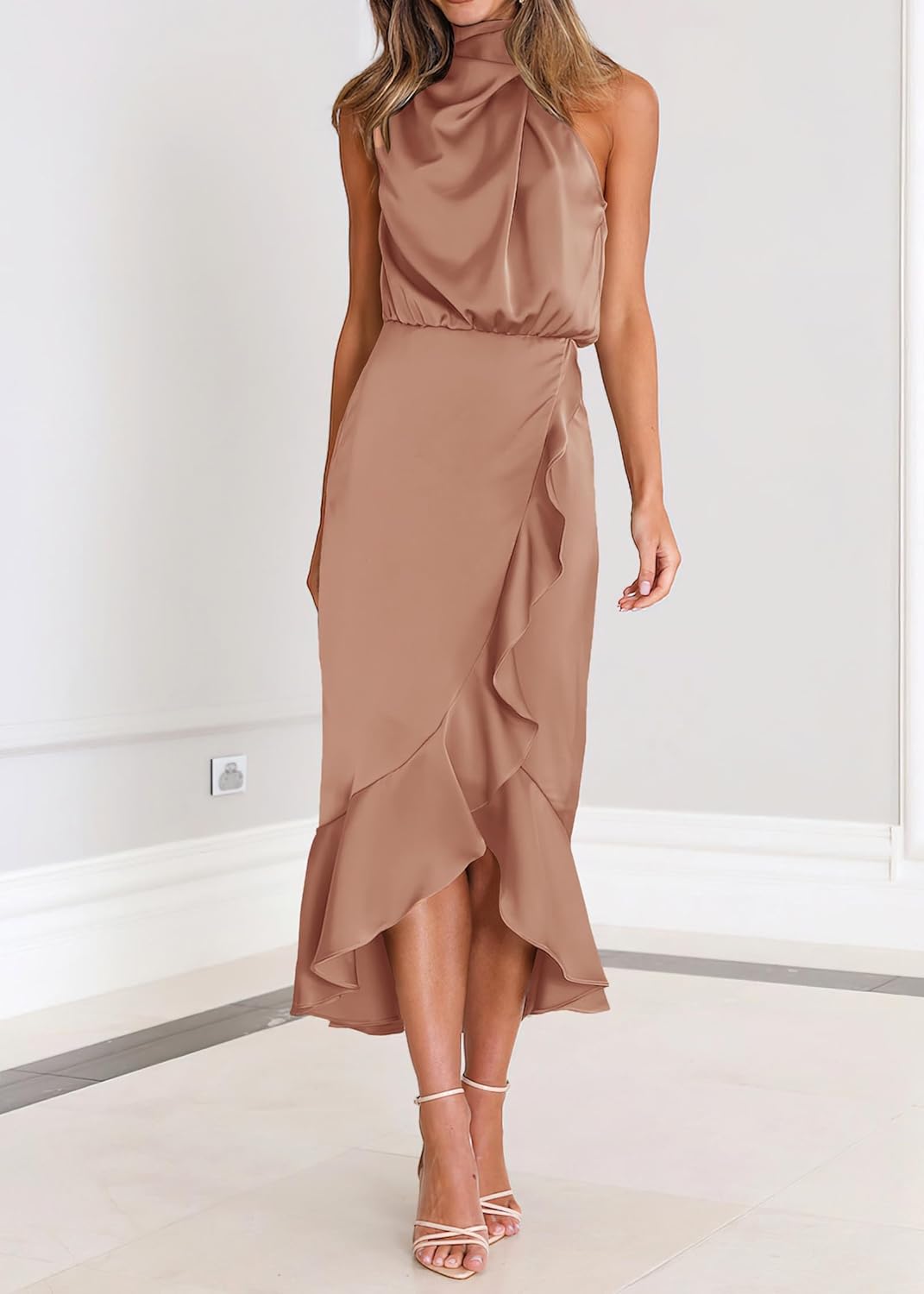 KIRUNDO Women 2025 Summer Fall Satin Mock Neck Wedding Guest Party Cocktail Midi Dress Sleeveless Wrap Ruffle Formal Dresses