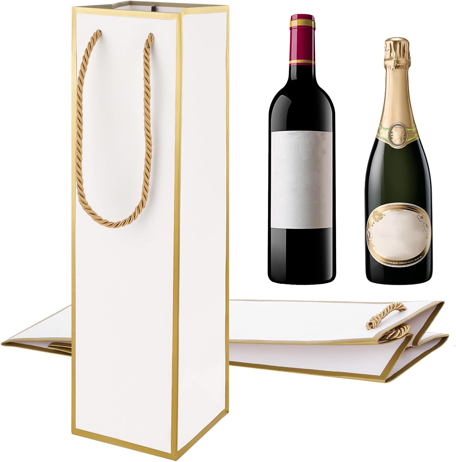 Wine Gift Bags 2 PCS Luxury Wine Bottle Gift Bags, 4"X4"X13.8" Reusable Liquor Bag with Gold Foil Print, Gold Foil White Wines Bag for Party Wedding Party Anniversary ChampagneBag with Handles